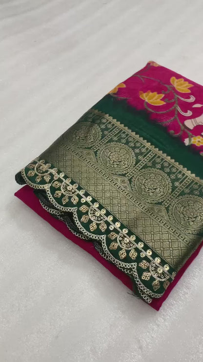 Elegant Benny Crape Kalamkari Print Saree with Scallop Maggam Lace Border & Printed Blouse – Swaraas