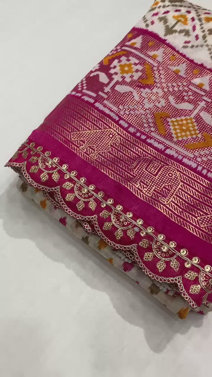 Premium Dola Silk Kalamkari Print Saree with Scallop Maggam & Sequin Lace Work, Foil Printed Pallu & Contrast Blouse | Swaraas.in