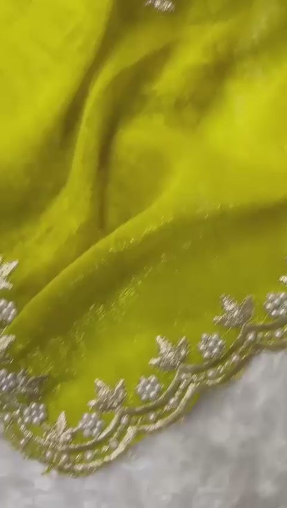 Crunchy Chiffon Silk Saree with Embroidery, Moti Work & Scalloped Cutwork Border – Elegant Party Wear | Swaraas.in