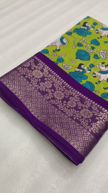 Soft Heavy Dolla Silk Saree with Mill Print, Jacquard Border & Contrast Printed Blouse – Swaraas