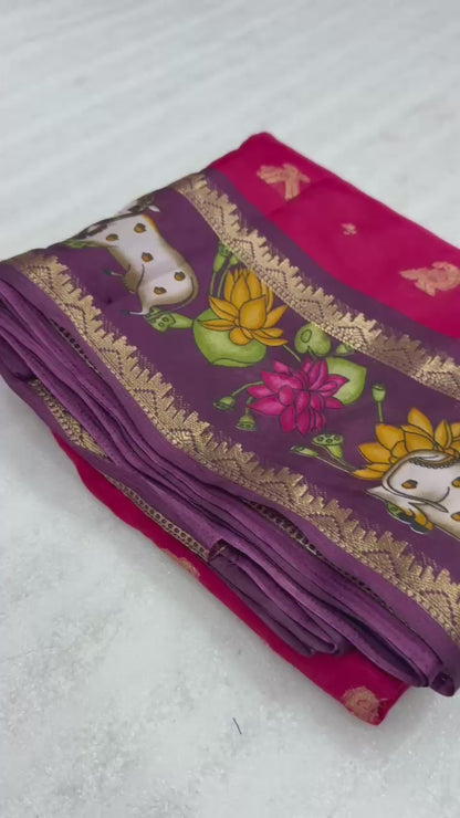 Tussar Dolla Base Saree with Viscose Double Bentex Border, Cow & Floral Motifs, and Contrast Blouse