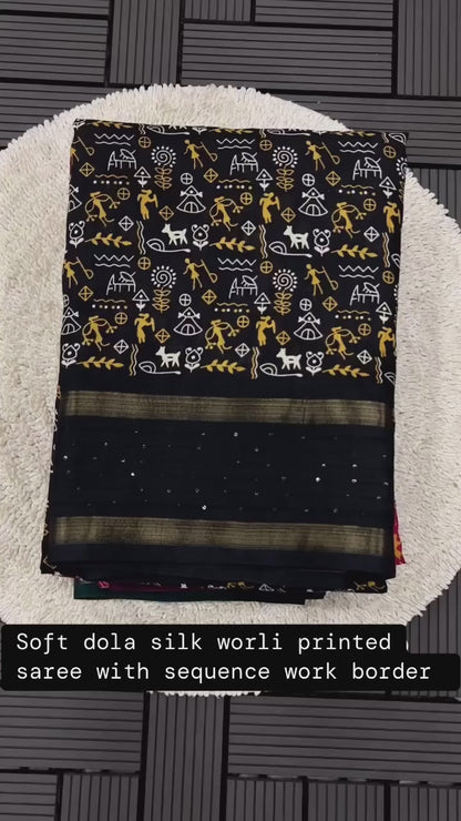 Soft Dola Silk Kalamkari Saree with Worli Print & Sequin Border | Printed Blouse – Swaraas