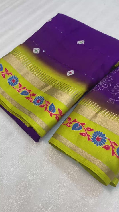 SUVIDHA Fancy Soft Cotton Blend Saree with Batik Print, Multi-Sequins Work & Kalamkari Pallu – With Printed Blouse (Ready Stock)