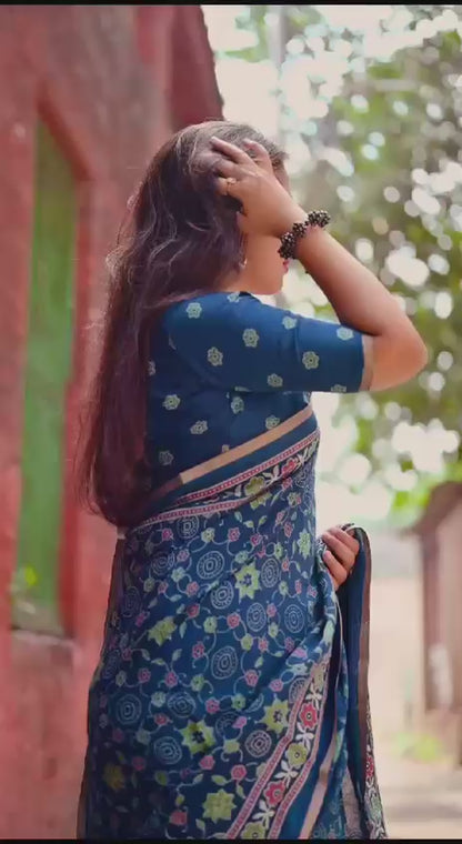 Ajrakh Print Soft Cotton-Feel Saree with blouse – 6.3 Meters