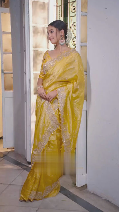Alexa Gold Crush Silk Saree with Multi-Thread Embroidery & Arco Border – 5.5 Meters with Sequin Blouse