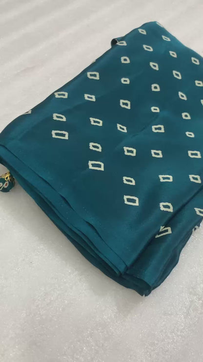 Pure Satin Crepe Ajrakh Printed Saree with Rich Pallu & Heavy Tassels | Ethnic Elegance by Swaraas