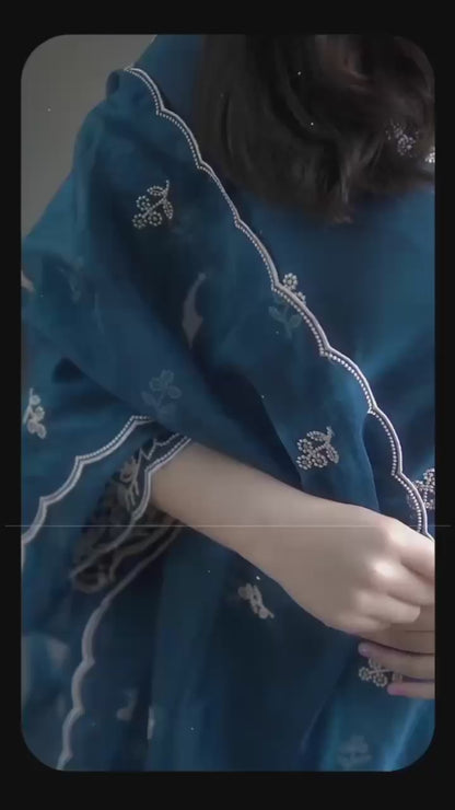 Chanderi Silk Kurti Palazzo Set with Cotton Thread Embroidery & Dupatta