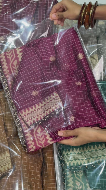 Cotton Linen Checked Saree with Floral Motifs, Leaf Pattern Border and Running Blouse for Elegant Office Wear