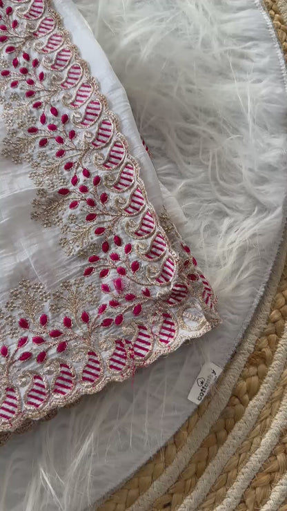 Vanilla White Pure Silk Candy Crush Saree with Embroidered Pallu & Contrast Banarasi Blouse