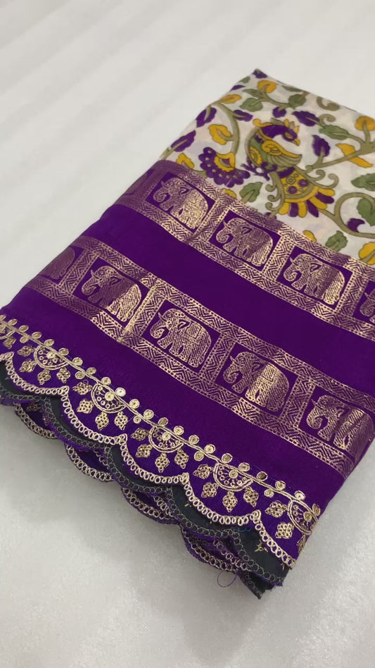 New Dola Silk Kalamkari Foil Print Saree with Maggam Sequin Work Lace & Contrast Blouse – Swaraas