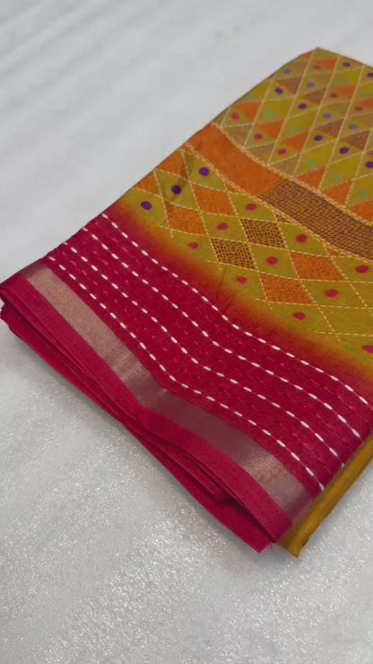 Soft Cotton Crape Printed Saree with Elegant Katha Thread Work border – 6.3 Meters
