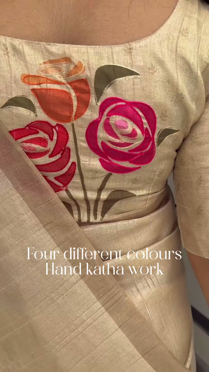 Handcrafted Linen Cotton Saree with Hand Khatha Work & Multicolor Brush Print | Designer Blouse