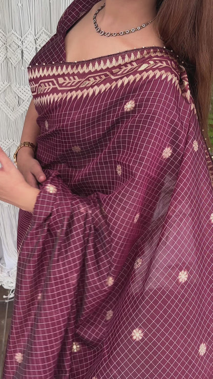 Cotton Linen Checked Saree with Floral Motifs, Leaf Pattern Border and Running Blouse for Elegant Office Wear