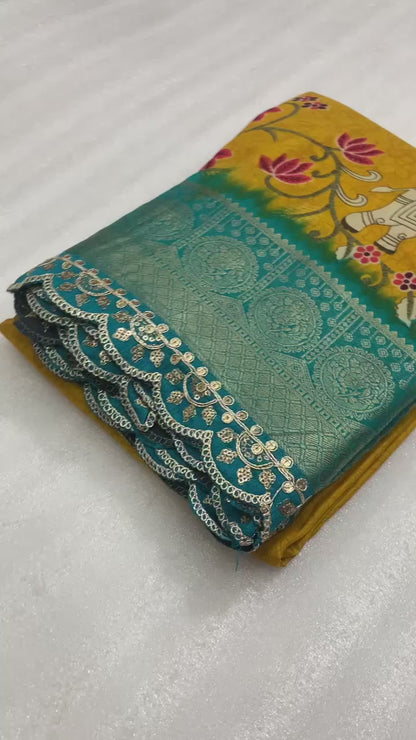 Elegant Benny Crape Kalamkari Print Saree with Scallop Maggam Lace Border & Printed Blouse – Swaraas