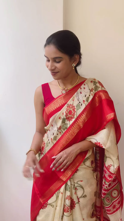Pichwai Print Kota Doria Saree with Bentex Jacquard Border & Jhalar | Running Blouse