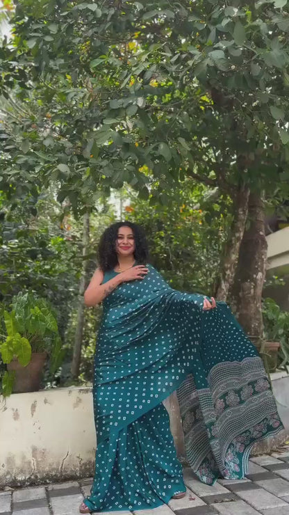 Pure Satin Crepe Ajrakh Printed Saree with Rich Pallu & Heavy Tassels | Ethnic Elegance by Swaraas