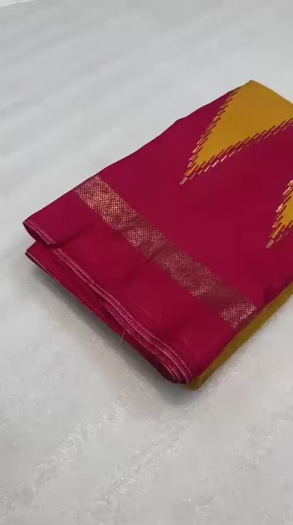 Pure Dola Viscose Crepe Silk Saree with Patola Print, Contrast Gold Border & Ikkat Blouse