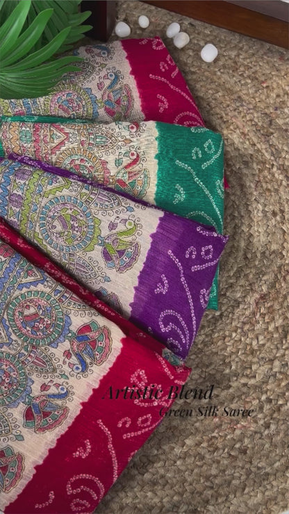 Green Silk Saree with Madhubani & Bandhej Fusion Print – 5.5 Meters with Matching Blouse