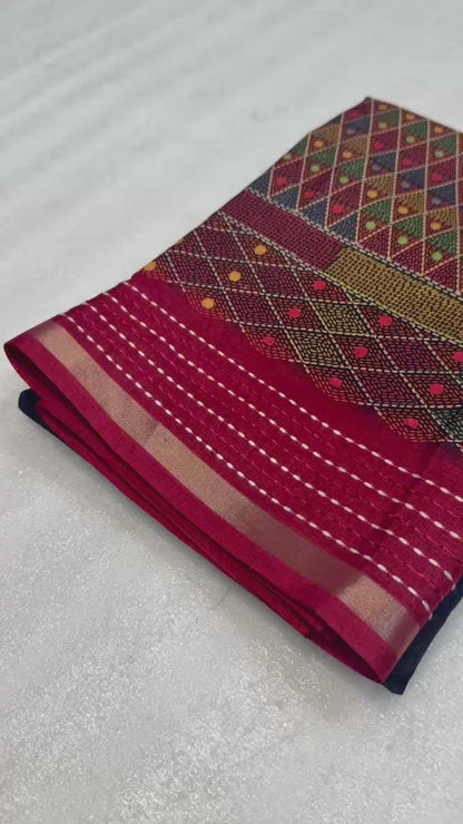 Soft Cotton Crape Printed Saree with Elegant Katha Thread Work border – 6.3 Meters