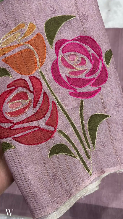 Handcrafted Linen Cotton Saree with Hand Khatha Work & Multicolor Brush Print | Designer Blouse