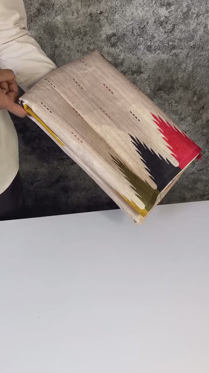 Handloom Tussar Silk Saree with Temple Digital Print & Tassels on Pallu | Contrast Printed Blouse – Swaraas