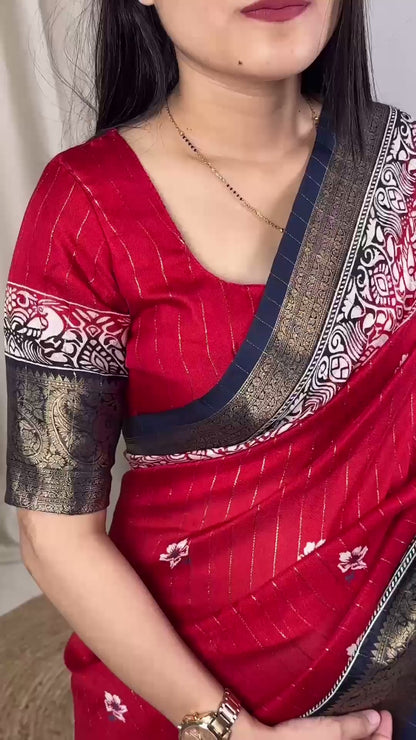 Pure Cotton Silk Saree with All-Over Zari Lining & Jacquard Border | Printed Design with Tassels on Pallu – Swaraas