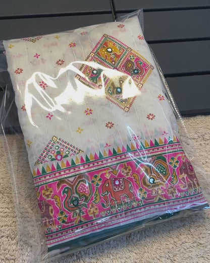 Soft Silk Rajwadi Cotton Patola Saree with Lagdi Patta, Mirror Work & Tassels – swaraas
