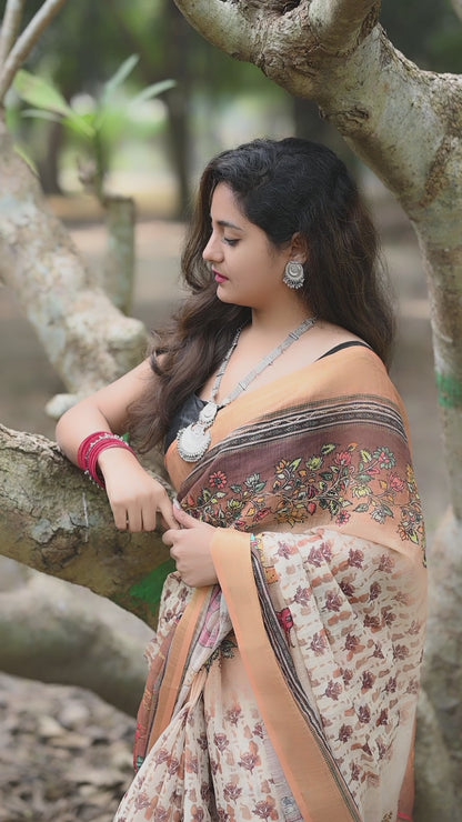 Classy Linen Cotton Aari work Saree, running blouse and Cotton Tassels