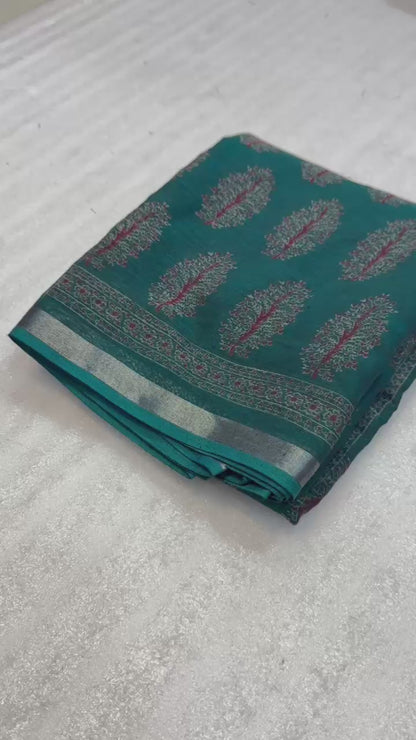 Heavy Poly-Cotton Ajrakh Print Saree with Silver Zari Border