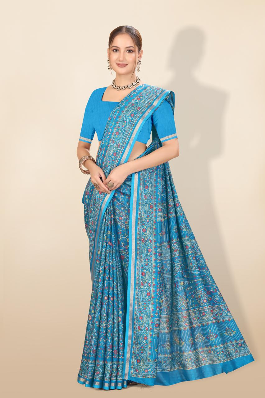 Pure Soft Tussar Silk Kashmiri Printed Saree with Rich Pallu & Golden Border | Elegant Traditional Wear