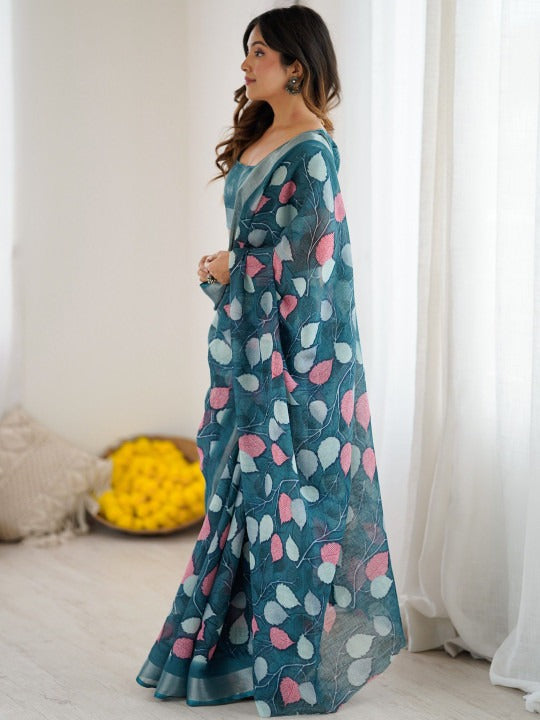 Linen Digital Printed Floral Saree with Running Blouse – 6.3 Mtr