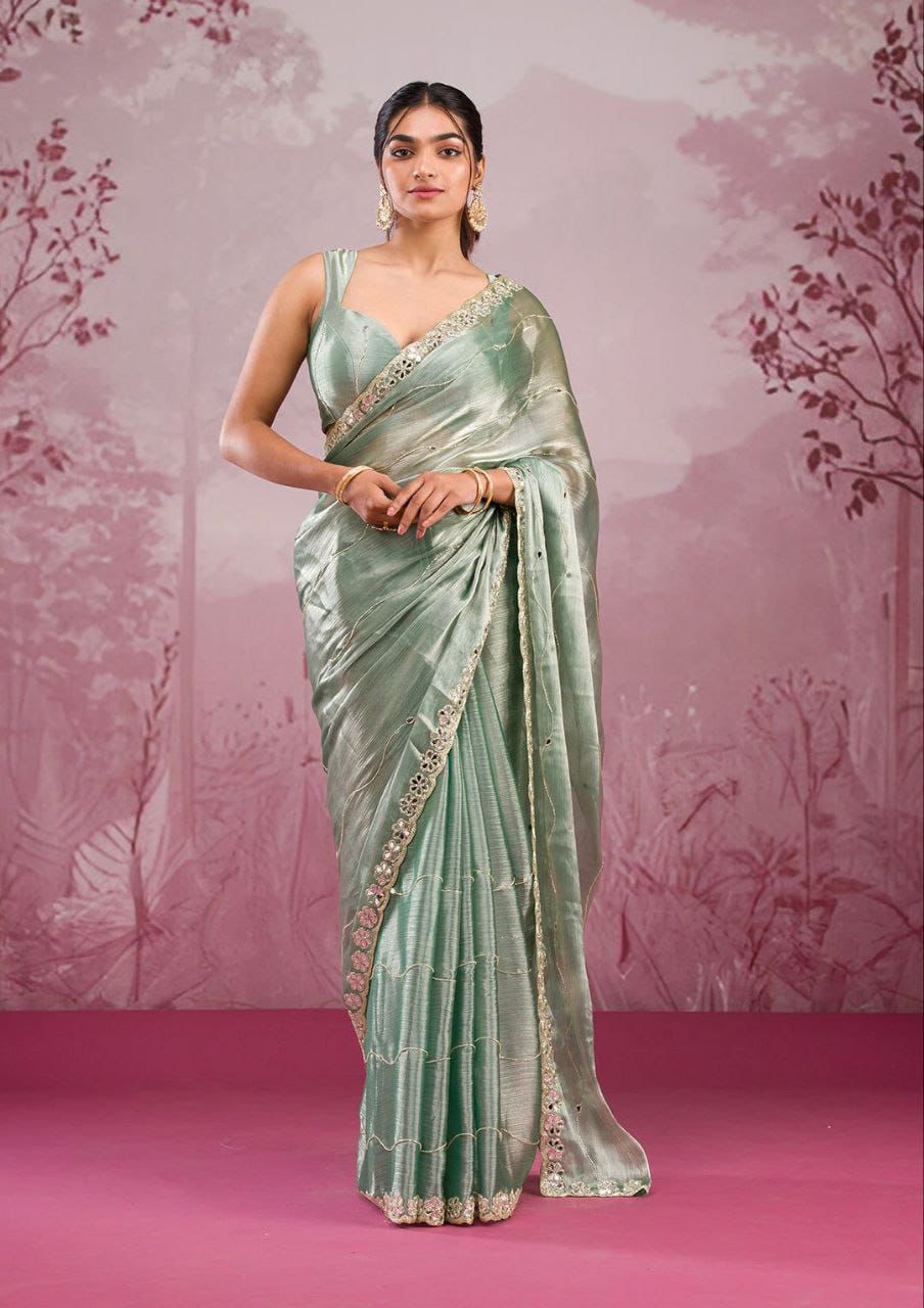Soft Burberry Silk Saree with Embroidery & Real Mirror Work | Cut Work Border | 6.3 Meters with Matching Blouse