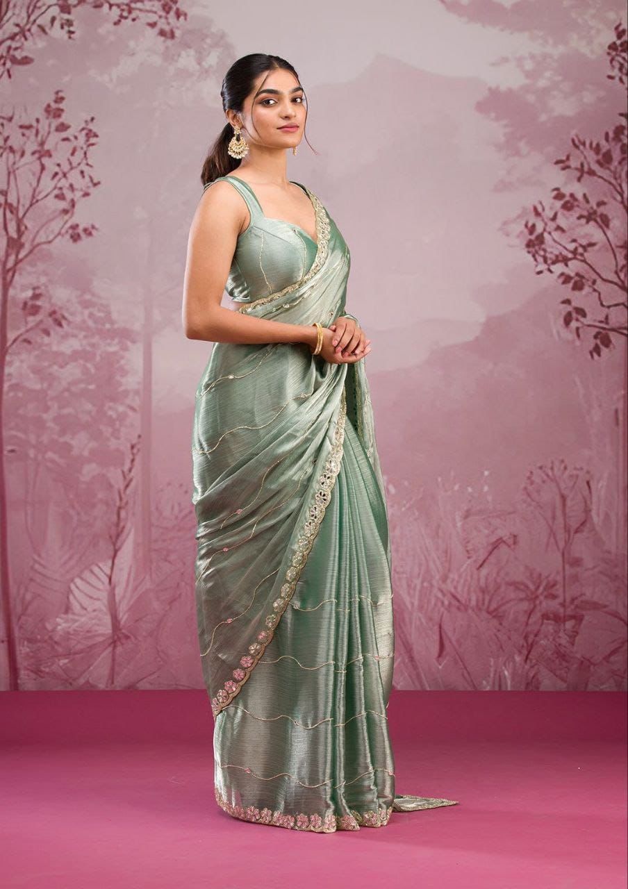 Soft Burberry Silk Saree with Embroidery & Real Mirror Work | Cut Work Border | 6.3 Meters with Matching Blouse
