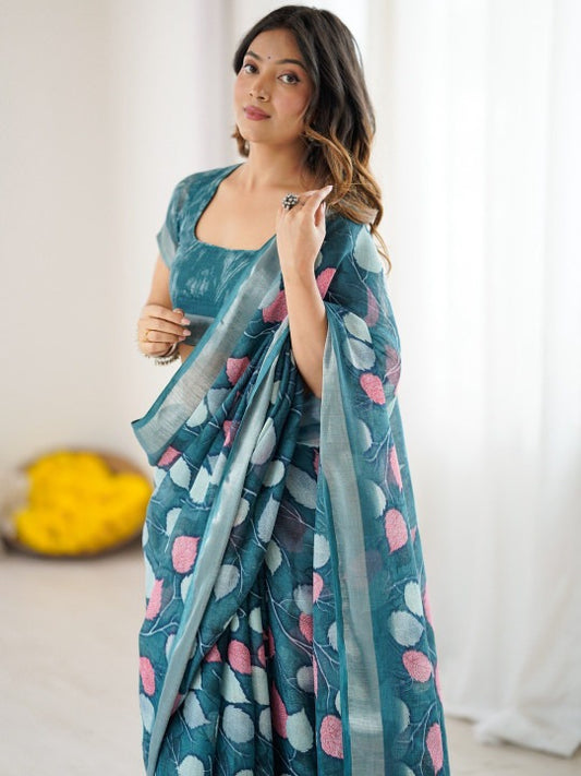 Linen Digital Printed Floral Saree with Running Blouse – 6.3 Mtr