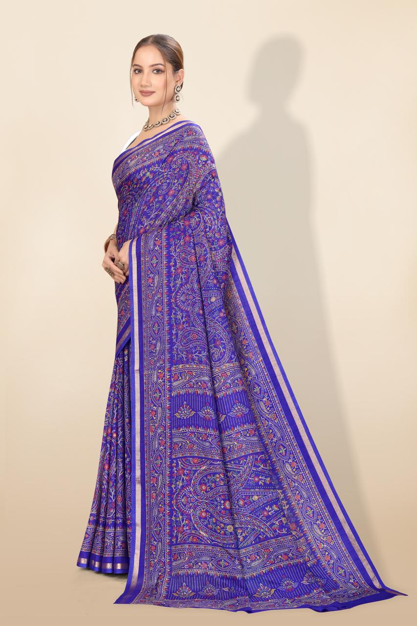 Pure Soft Tussar Silk Kashmiri Printed Saree with Rich Pallu & Golden Border | Elegant Traditional Wear