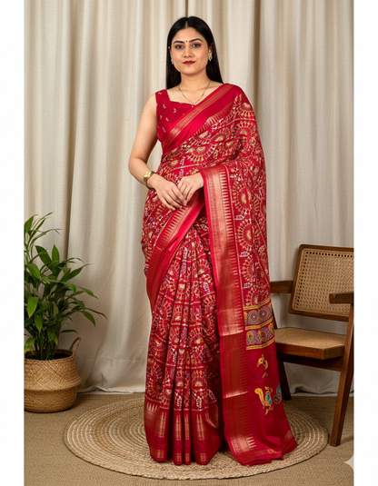 Soft Cotton Denting Kalamkari Saree with Zari Border & Printed Blouse – Swaraas