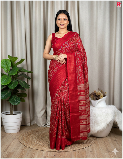 Soft Dola Silk Kalamkari Print Saree with Sequin & Zari Border | Printed Blouse – Swaraas