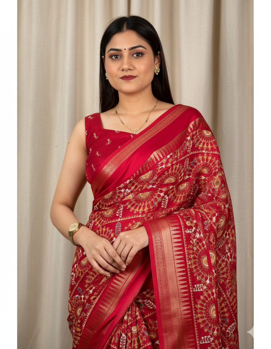 Soft Cotton Denting Kalamkari Saree with Zari Border & Printed Blouse – Swaraas
