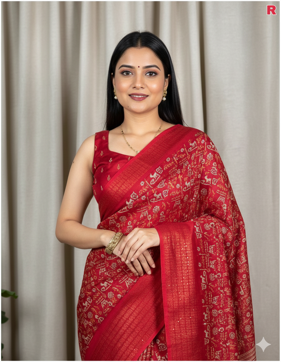 Soft Dola Silk Kalamkari Print Saree with Sequin & Zari Border | Printed Blouse – Swaraas