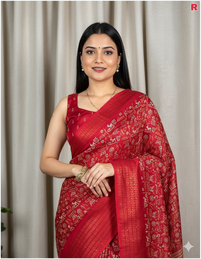 Soft Dola Silk Kalamkari Print Saree with Sequin & Zari Border | Printed Blouse – Swaraas