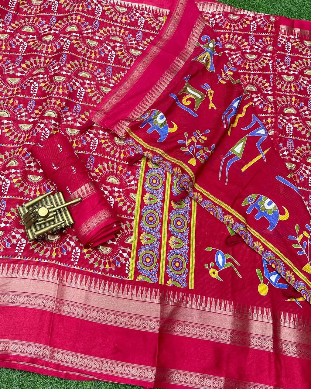 Soft Cotton Denting Kalamkari Saree with Zari Border & Printed Blouse – Swaraas