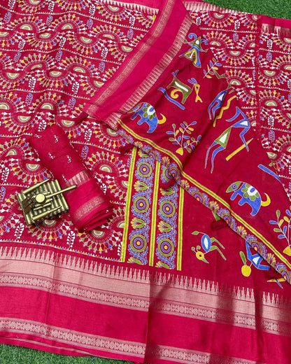 Soft Cotton Denting Kalamkari Saree with Zari Border & Printed Blouse – Swaraas