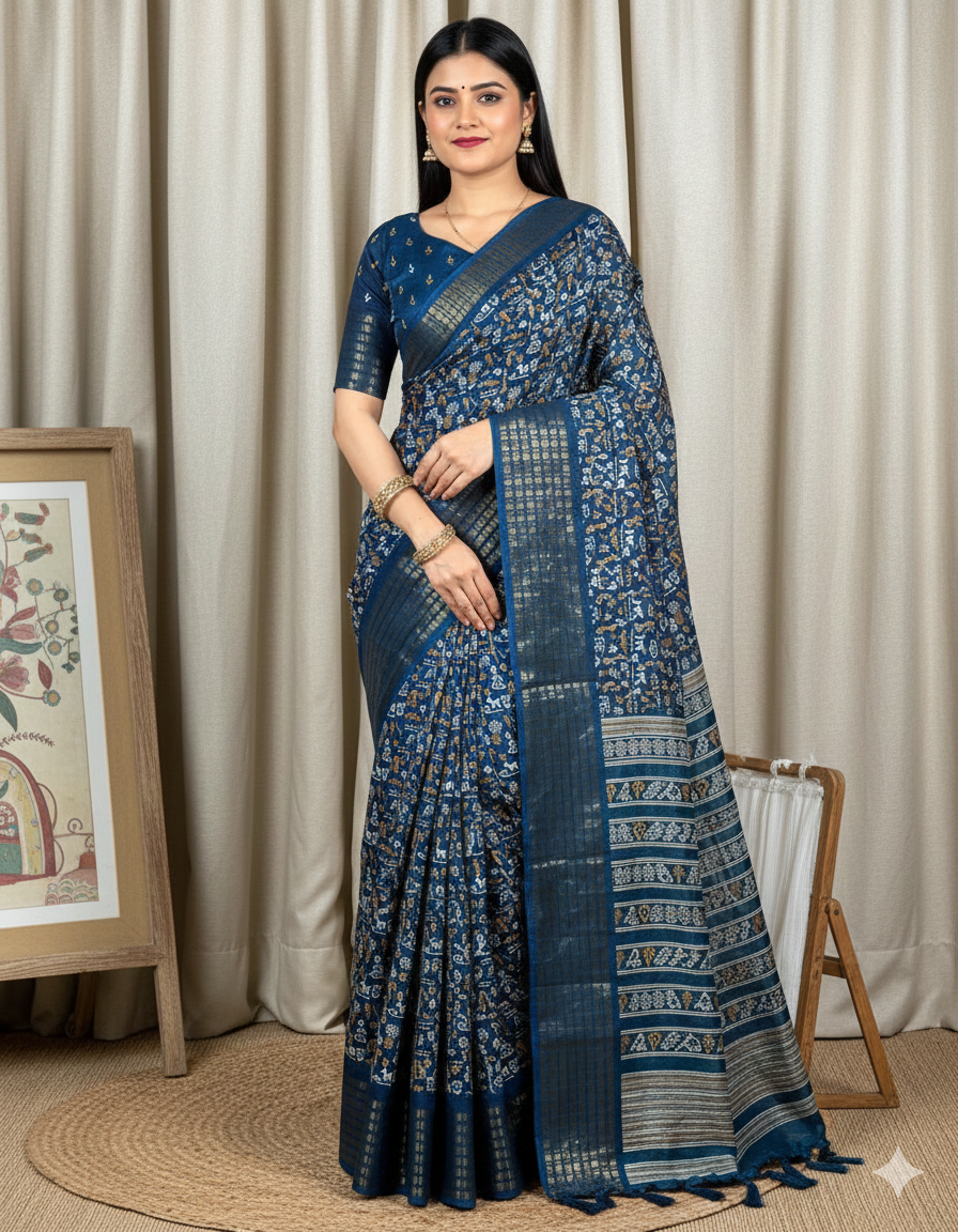 Soft Dola Silk Kalamkari Print Saree with Sequin & Zari Border | Printed Blouse – Swaraas