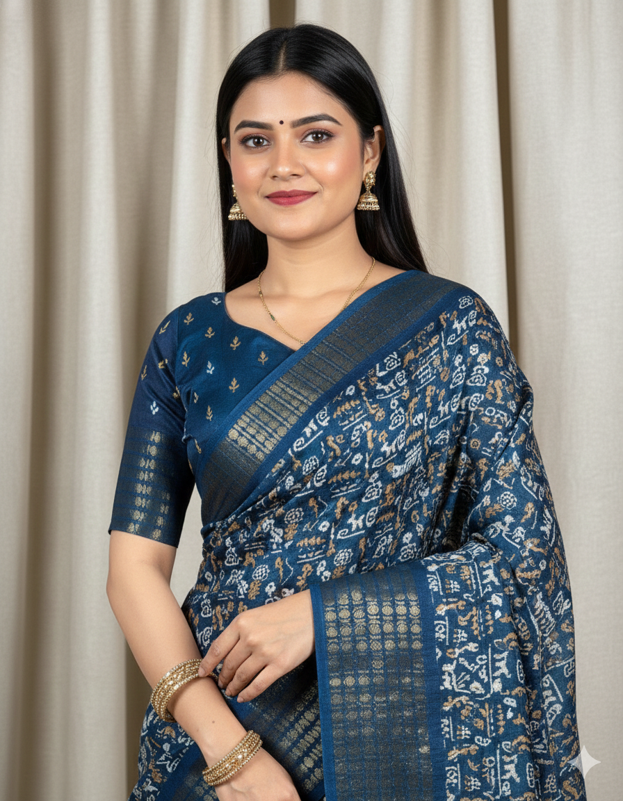 Soft Dola Silk Kalamkari Print Saree with Sequin & Zari Border | Printed Blouse – Swaraas