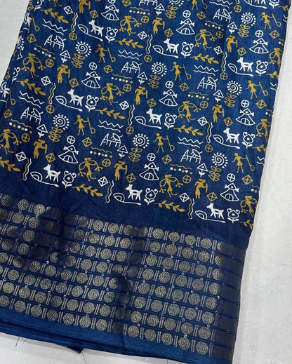 Soft Dola Silk Kalamkari Print Saree with Sequin & Zari Border | Printed Blouse – Swaraas