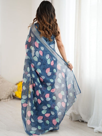 Linen Digital Printed Floral Saree with Running Blouse – 6.3 Mtr