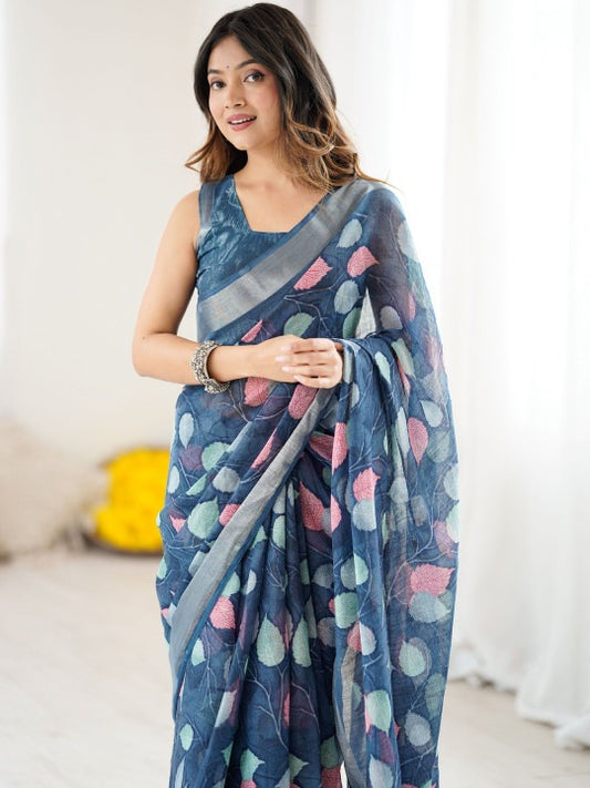 Linen Digital Printed Floral Saree with Running Blouse – 6.3 Mtr