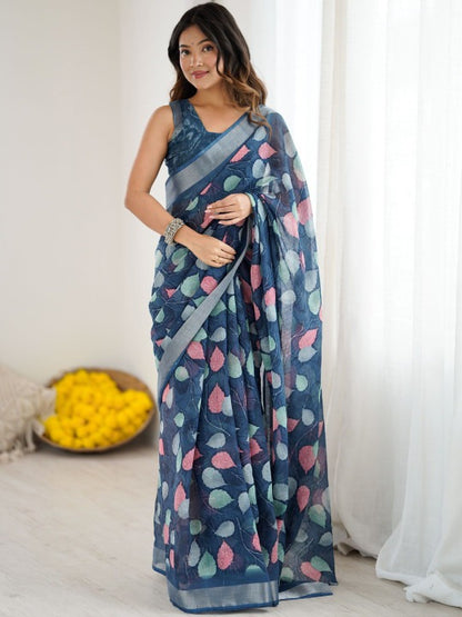 Linen Digital Printed Floral Saree with Running Blouse – 6.3 Mtr