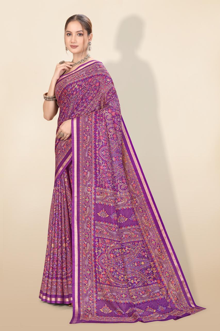 Pure Soft Tussar Silk Kashmiri Printed Saree with Rich Pallu & Golden Border | Elegant Traditional Wear