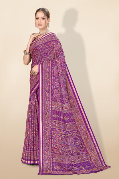 Pure Soft Tussar Silk Kashmiri Printed Saree with Rich Pallu & Golden Border | Elegant Traditional Wear